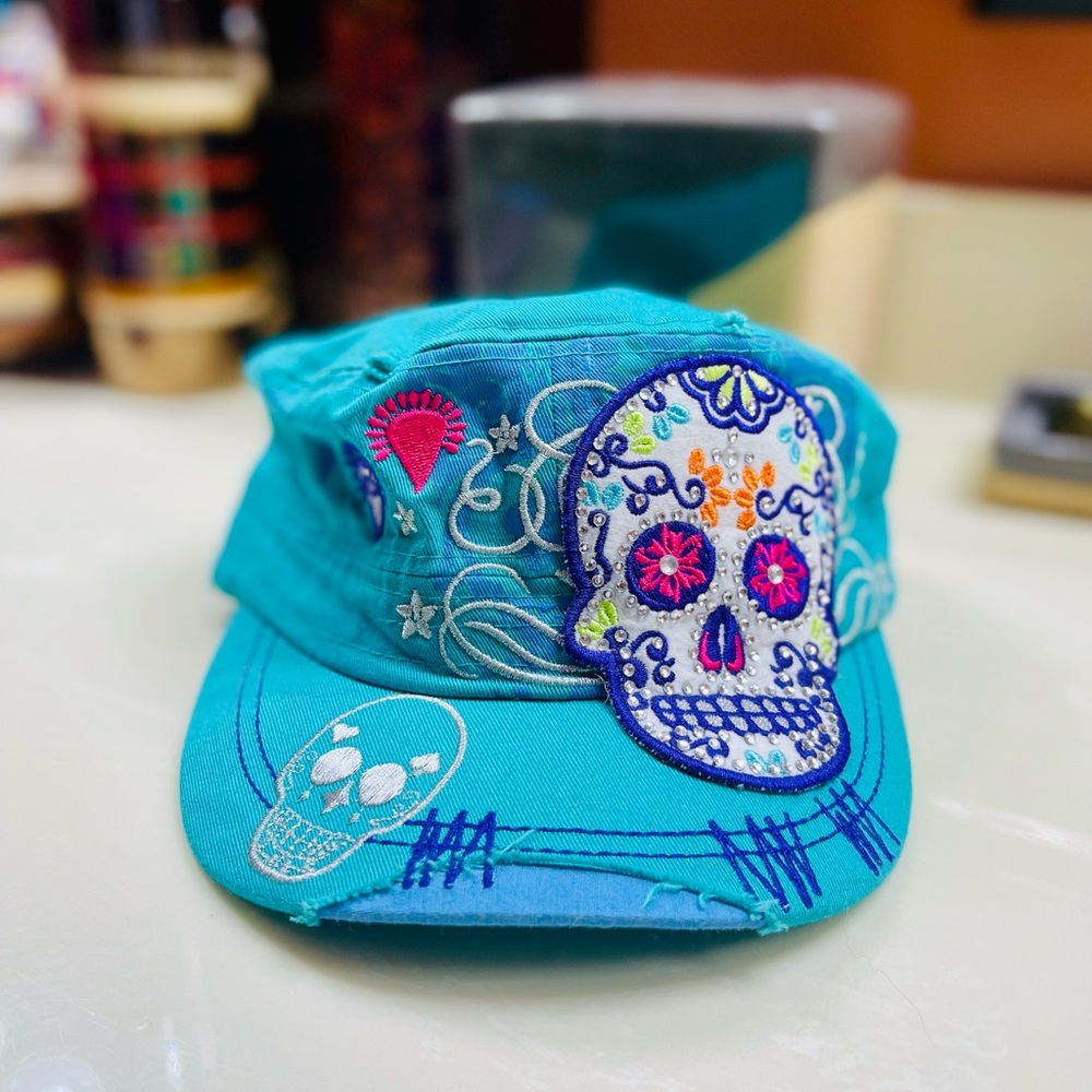Embroidered Skull Teal Cap